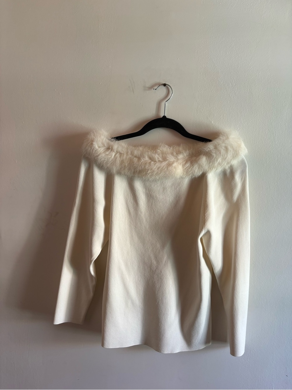 Off-the-Shoulder Cream Sweater with Faux Fur Trim